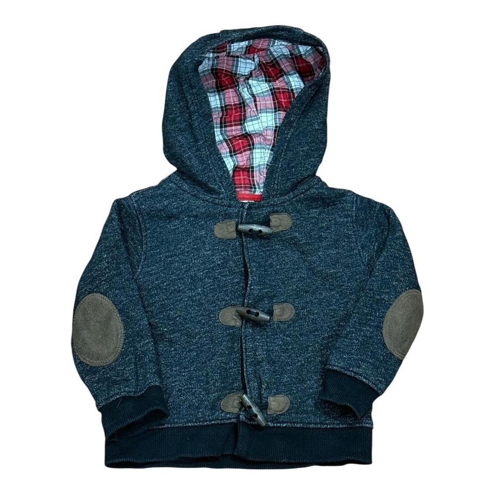 Toddler Hooded Toggle Jacket Boys 18 Months Grey Plaid Lined Elbow Patch Classic